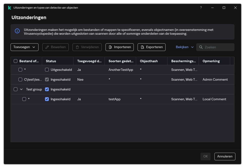 Een venster met de lijst met uitzonderingen. Uitzonderingseigenschappen worden weergegeven. De gebruiker kan uitzonderingen toevoegen, bewerken of verwijderen.