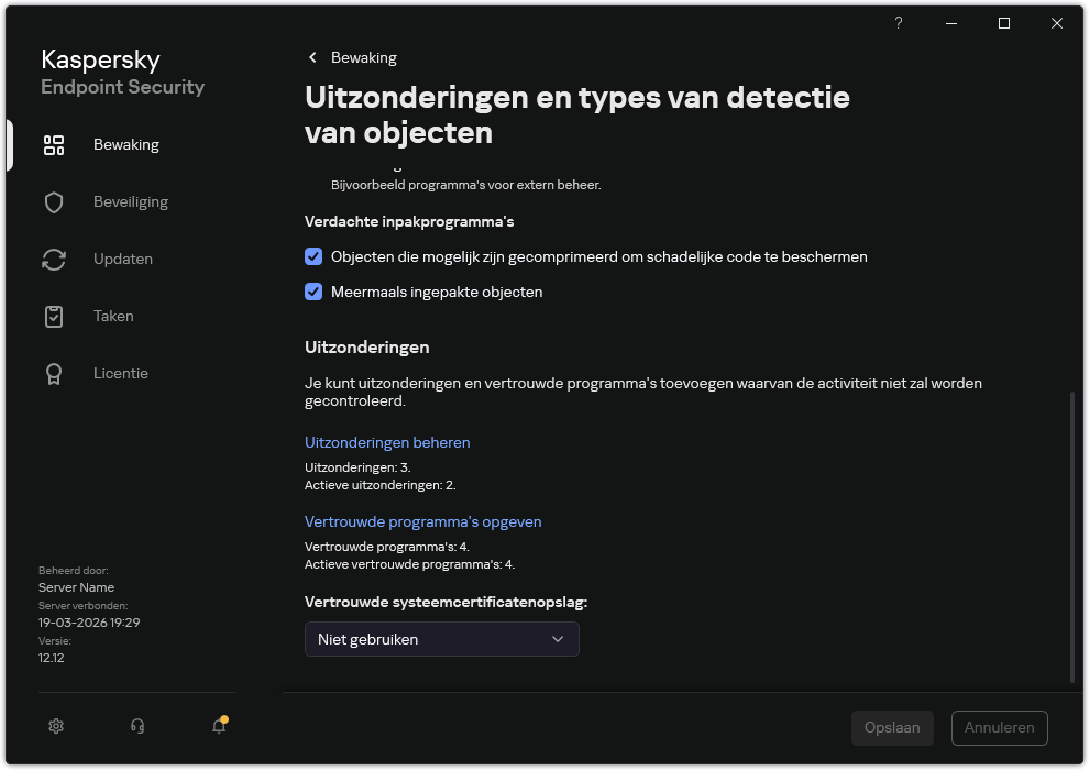 Venster instellingen voor uitzonderingen. De gebruiker kan uitzonderingen en vertrouwde programma's toevoegen.