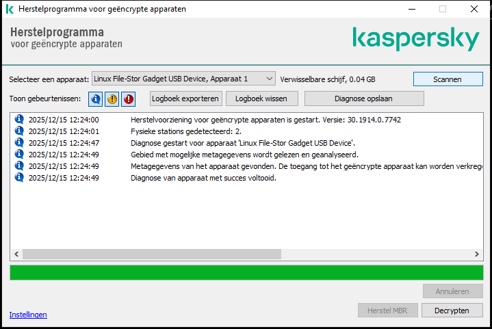 Een venster met de lijst met hulpprogrammagebeurtenissen. De gebruiker kan diagnose uitvoeren en het geselecteerde apparaat decoderen.