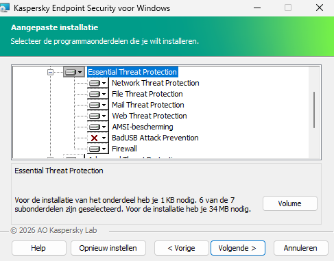 Installatievenster met een lijst componenten die een gebruiker kan selecteren.