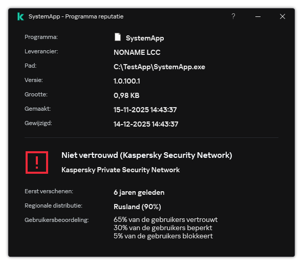 Het venster bevat informatie over de bestandsreputatie en andere gegevens, zoals de aanwezigheid van een digitale handtekening.