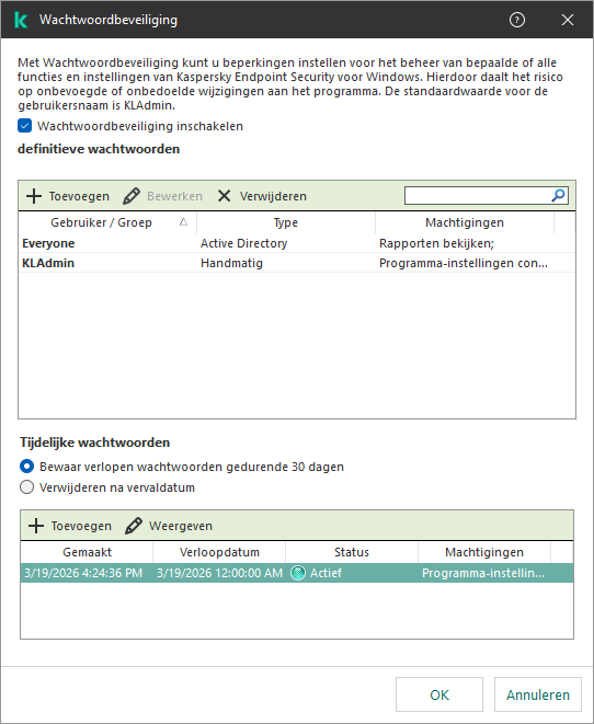 Het venster Beheer van tijdelijke wachtwoorden.