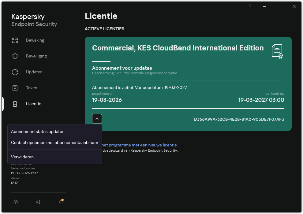 Het venster met informatie over de licentie. De gebruiker kan het abonnement bijwerken, contact opnemen met de abonnementsprovider of de licentie verwijderen.