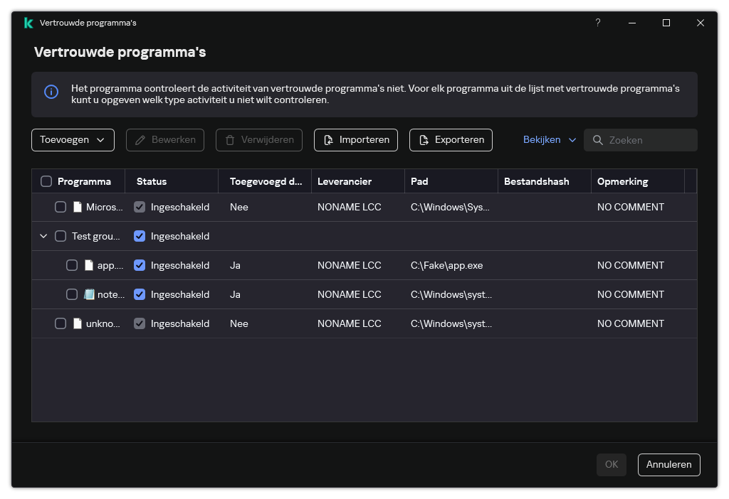 Een venster met de lijst met vertrouwde programma's. De gebruiker kan een vertrouwd programma toevoegen, bewerken of verwijderen.