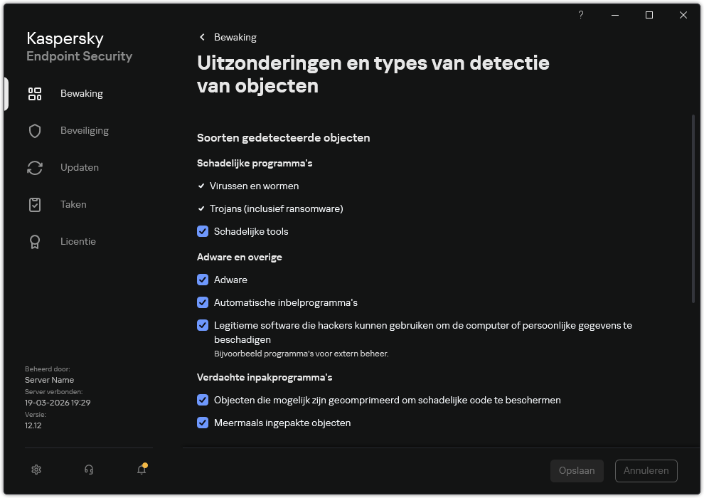 Venster instellingen voor uitzonderingen. De gebruiker kan soorten detecteerbare objecten selecteren en objecten toevoegen aan uitzonderingen.