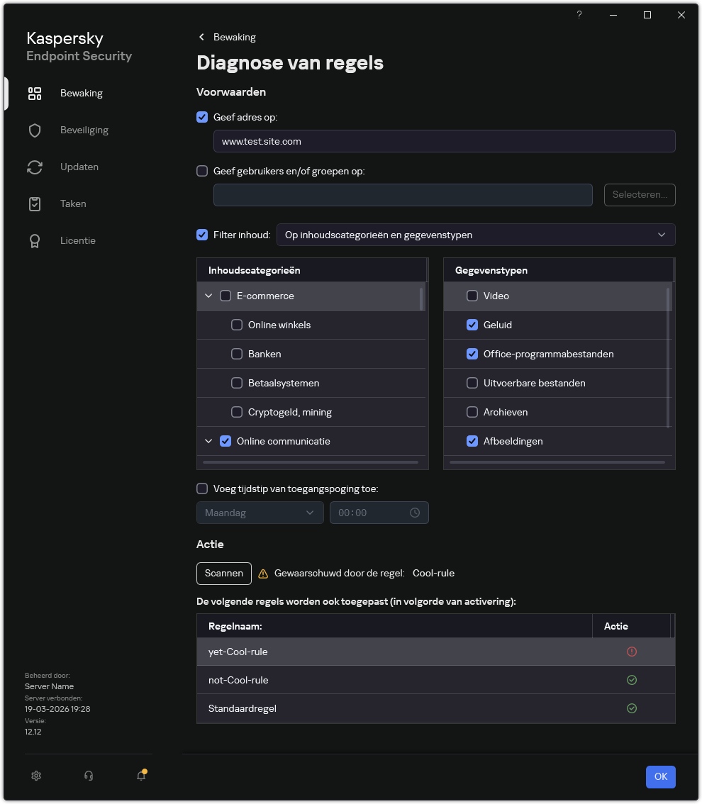 Venster met testresultaten van webbronnen.