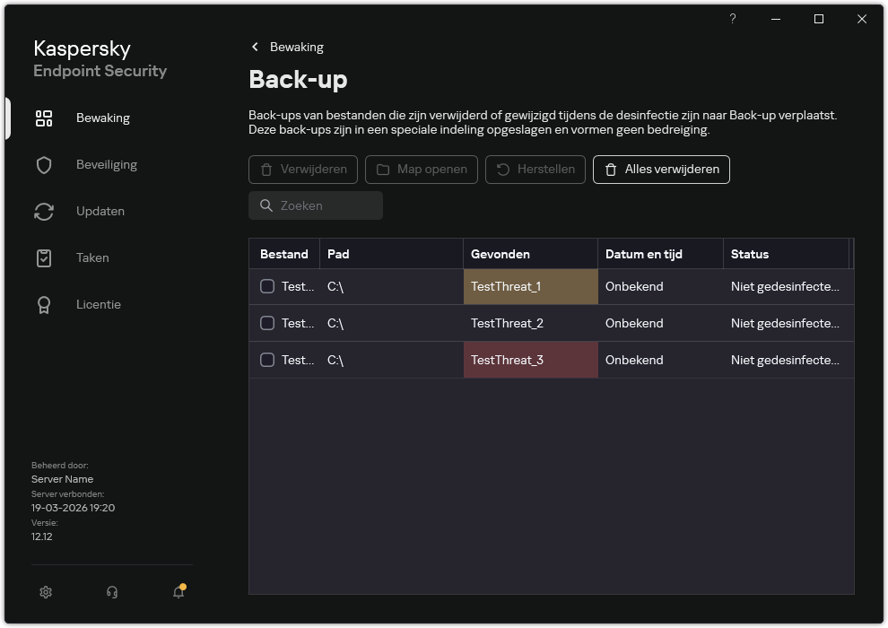 Back-up venster. De gebruiker kan objecten uit Back-up verwijderen of herstellen.