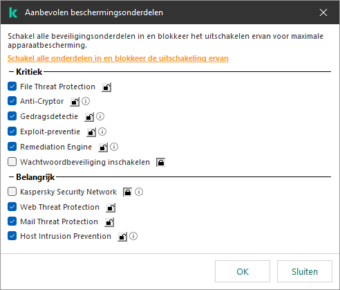 Scherm voor het inschakelen van aanbevolen beschermingsonderdelen. U kunt beschermingsonderdelen inschakelen en voorkomen dat ze uitgeschakeld worden.