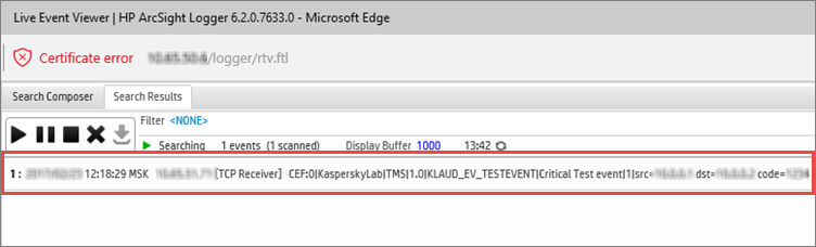 HP ArcSight system window with an example of the received data.