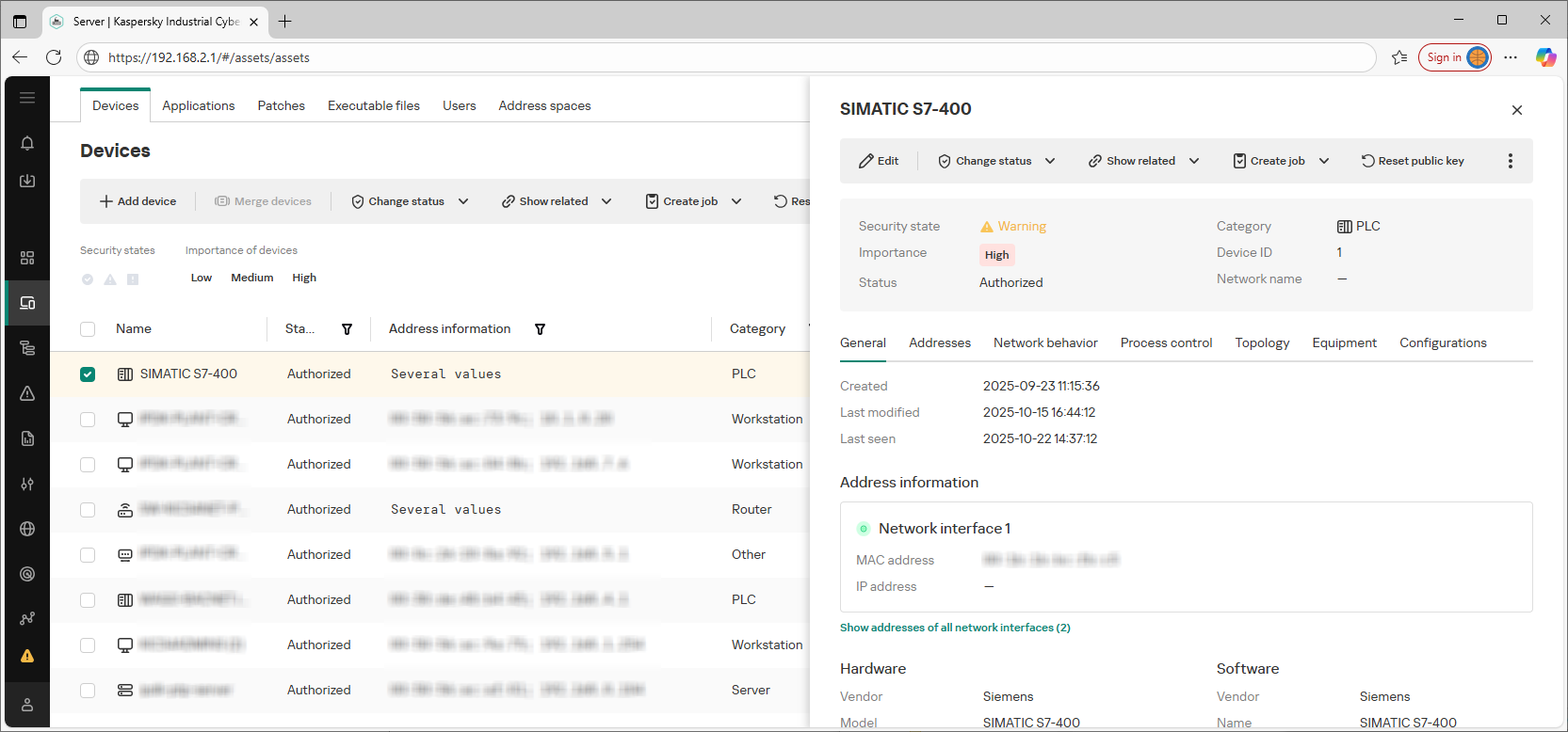 Example of the displayed elements and data in the web interface section.