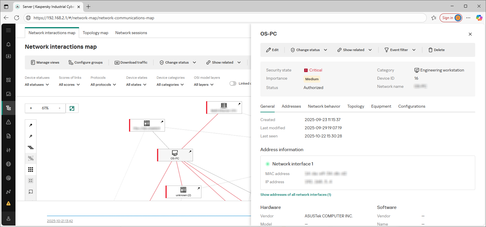 Example of the displayed elements and data in the web interface section.