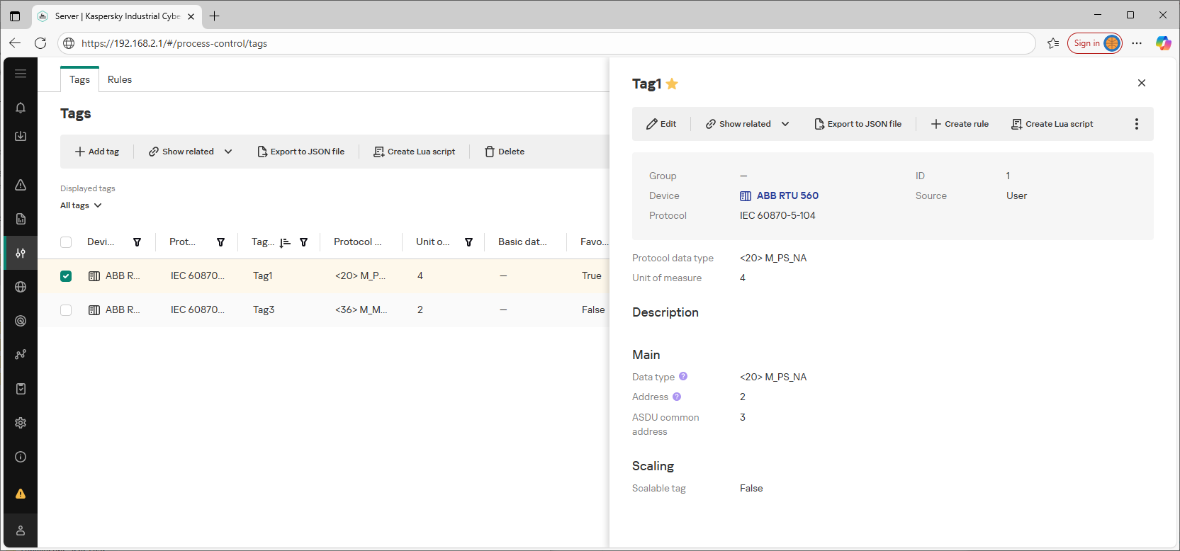 Example of the displayed elements and data in the web interface section.