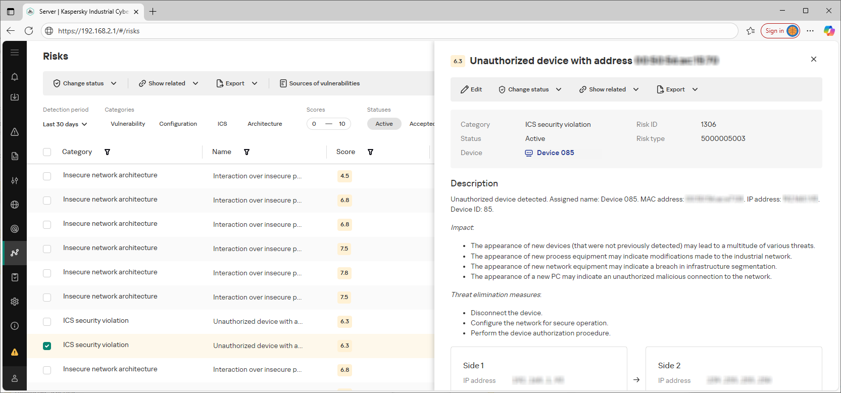 Example of the displayed elements and data in the web interface section.