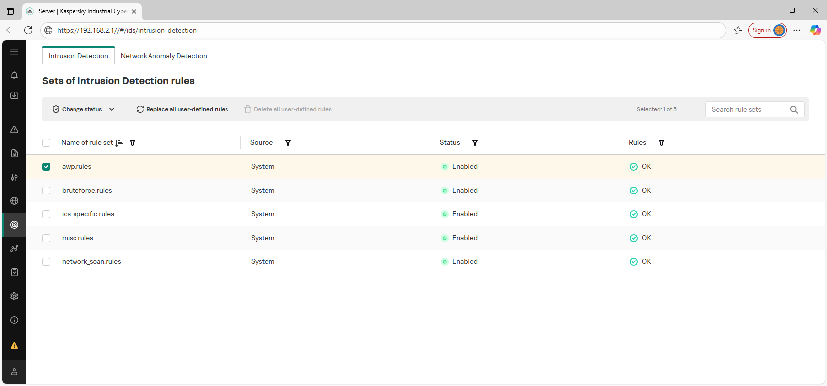 Example of the displayed elements and data in the web interface section.