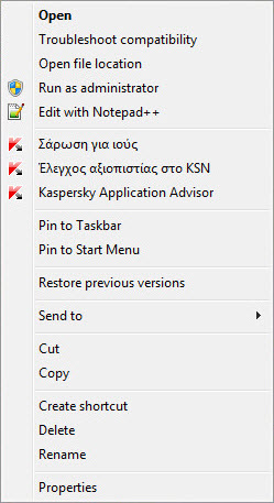 Context menu of an object in Microsoft Windows