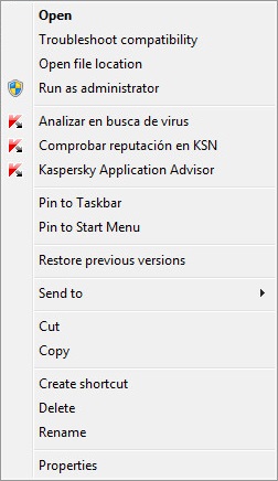 Menú contextual de un objeto en Microsoft Windows