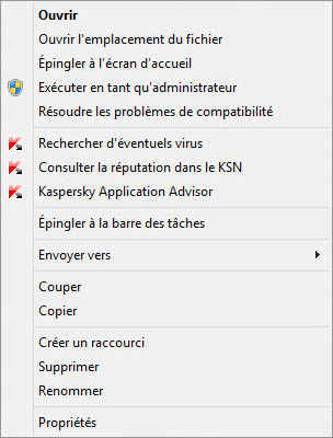 Menu contextuel de l'objet dans Microsoft Windows