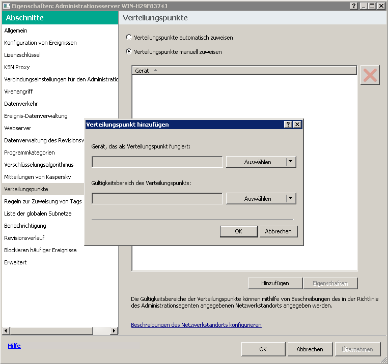Das Eigenschaftenfenster des Administrationsservers mit dem ausgewählten Abschnitt "Verteilungspunkte" und dem Fenster zum Hinzufügen von Verteilungspunkten.