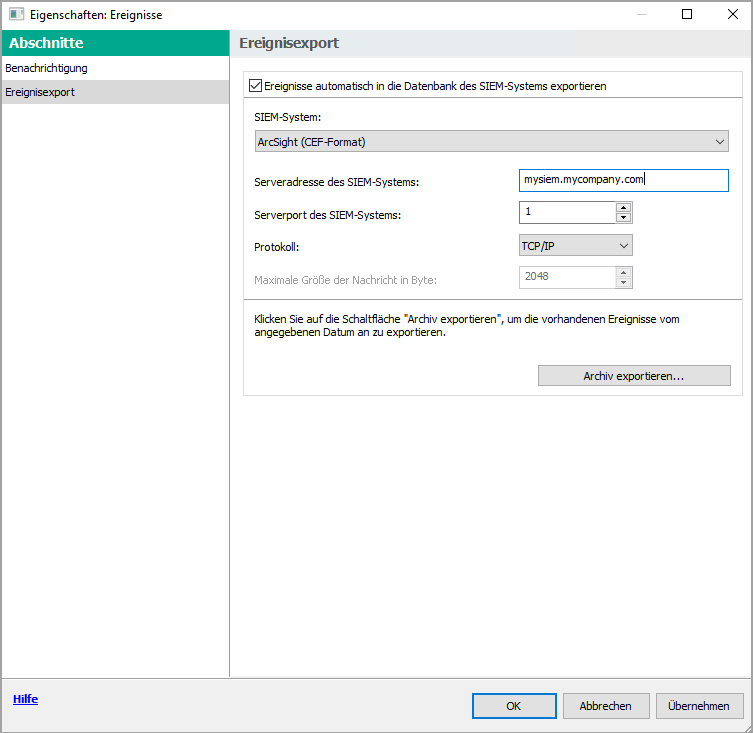 Im Abschnitt "Ereignisexport" ist das Kontrollkästchen "Ereignisse automatisch in die SIEM-Systemdatenbank exportieren" aktiviert, die Einstellung "SIEM-System" ist auf ArcSight (CEF-Format) festgelegt, die Adresse und der Port des SIEM-Systemservers sind angegeben und die Einstellung "Protokoll" ist auf TCP/IP festgelegt.