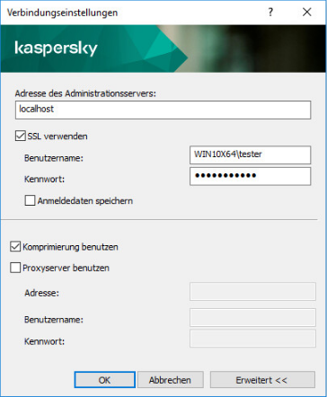 Im Fenster "Verbindungseinstellungen" sind die Felder "Adresse des Administrationsservers", "Benutzername" und "Kennwort" ausgefüllt. Die Kontrollkästchen "SSL verwenden" und "Datenkomprimierung verwenden" sind aktiviert.