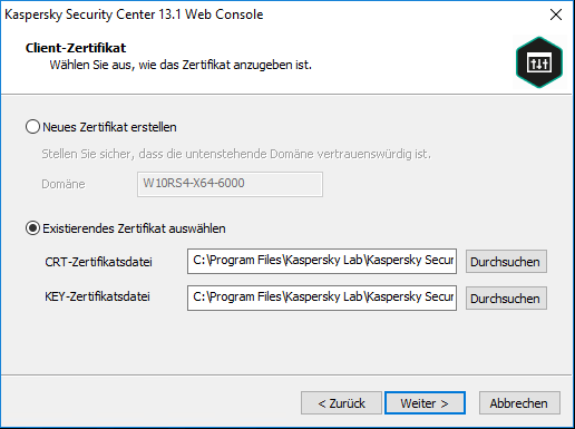 Auf der Seite für das Client-Zertifikat ist die Option "Wählen Sie ein existierendes Zertifikat" ausgewählt und die Pfade zur crt-Zertifikatsdatei und zur key-Zertifikatsdatei sind angegeben.
