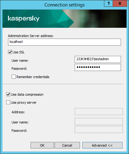 Im Fenster mit den Verbindungseinstellungen werden die Felder für die Adresse des Administrationsservers, den Benutzernamen und das Kennwort ausgefüllt. Die Kontrollkästchen "SSL verwenden" und "Datenkomprimierung verwenden" sind aktiviert.