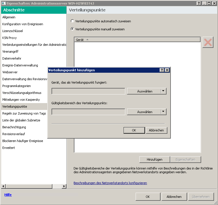 Das Eigenschaftsfenster des Servers mit dem ausgewählten Abschnitt "Verteilungspunkte" und dem Fenster zum Hinzufügen von Verteilungspunkten.