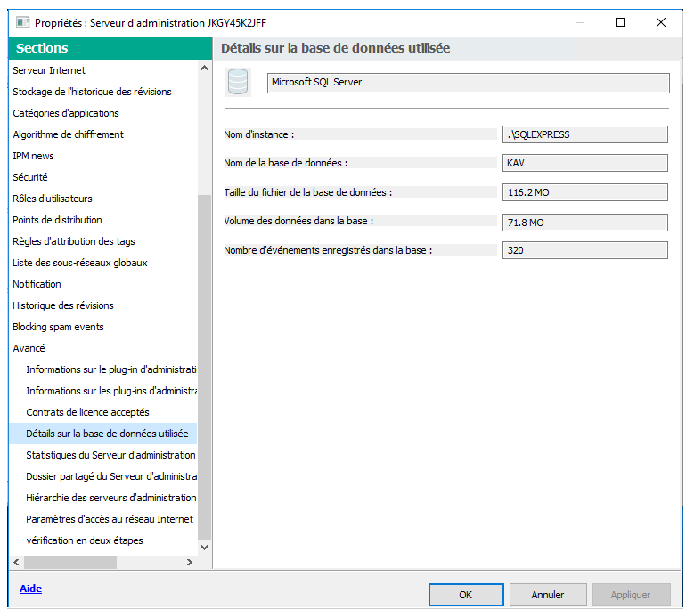 La section Informations à la base de données utilisée. contient les informations suivantes : le nom de l'instance, le nom de la base de données, la taille du fichier de la base de données, la taille des données dans la base de données et le nombre d'événements stockés dans la base de données.