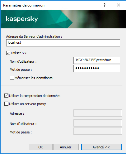 Dans la fenêtre Paramètres de connexion, les champs Adresse du Serveur d'administration, Nom d'utilisateur et Mot de passe sont remplis. Les cases Utiliser SSL et Utiliser la compression des données sont cochées.