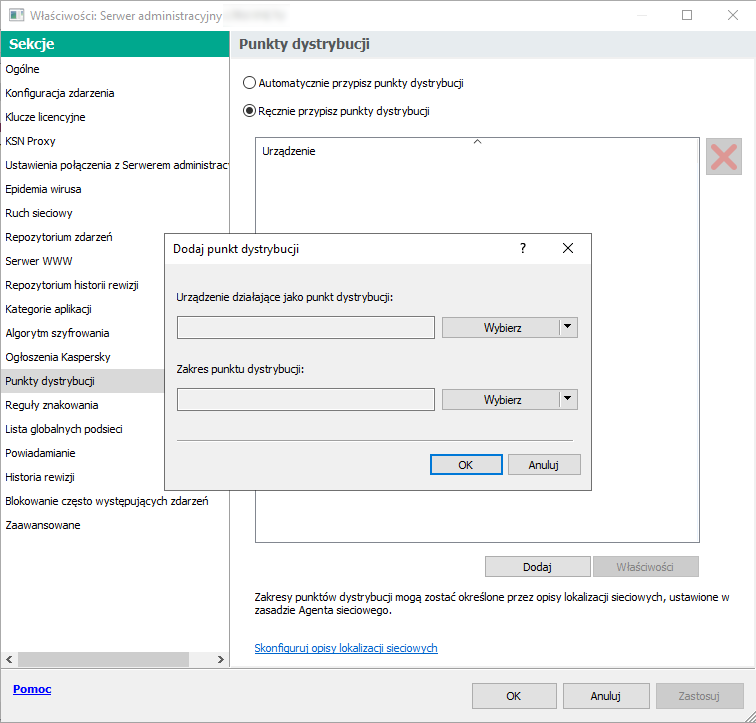 Okno właściwości Serwera z wybraną sekcją Punkty dystrybucji oraz okno dodawania punktów dystrybucji.