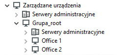Węzeł urządzenia zarządzanego zawiera folder Głównej grupy dla biur zawierający Serwery administracyjne oraz grupy Office 1 i Office 2.
