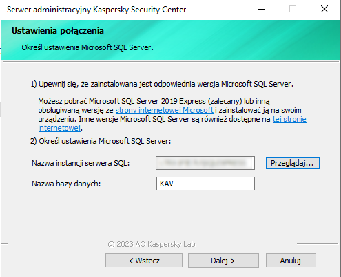W oknie Ustawienia połączenia określono następujące ustawienia SQL Server: nazwę instancji i nazwę bazy danych.