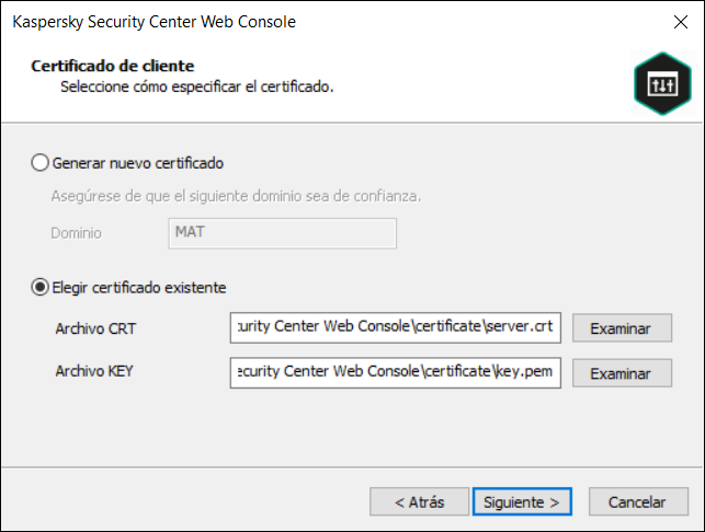 Se selecciona Elegir certificado existente, se especifican las rutas de acceso al certificado CRT y a los archivos de certificado KEY.