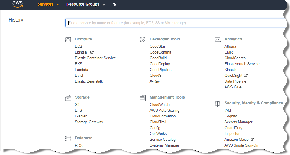 Le service IAM se trouve dans la section Sécurité, identité & conformité. Le service RDS se trouve dans la section Database.