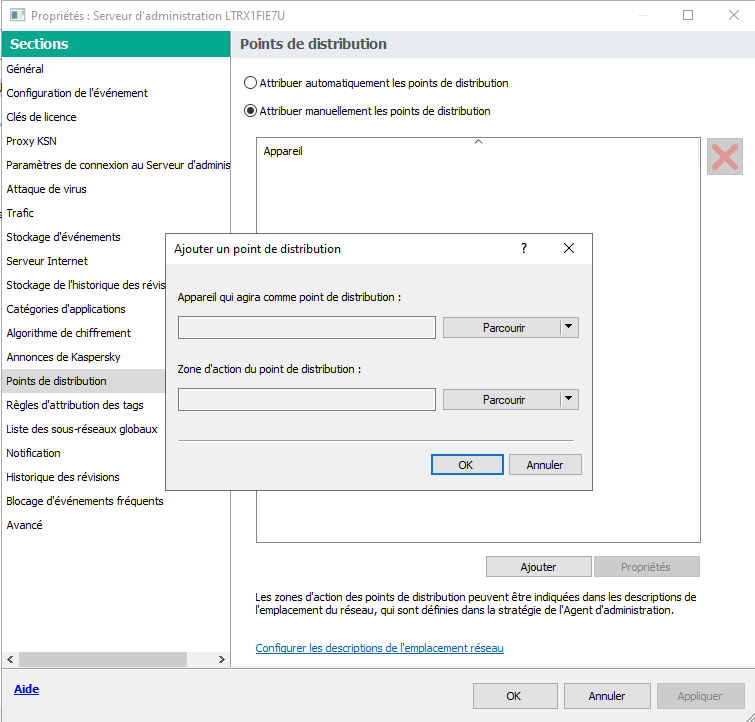 La fenêtre des propriétés du Serveur avec la section Points de distribution sélectionnée et la fenêtre d'ajout de points de distribution.