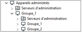 Un nœud Appareils administrés comprend le dossier Groupe racine pour les bureaux avec les Serveurs et les groupes Bureau 1 et Bureau 2.