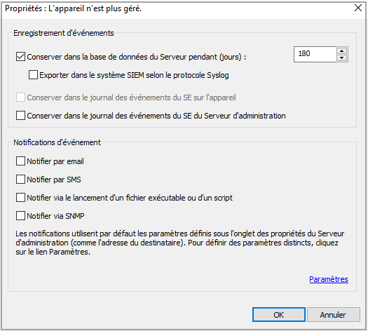 Sélection d'événements pour l'exportation au format Syslog.