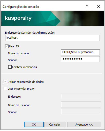 As configurações de conexão são o endereço do servidor, o nome de usuário e a senha. Usar SSL e Usar compactação de dados estão marcados.