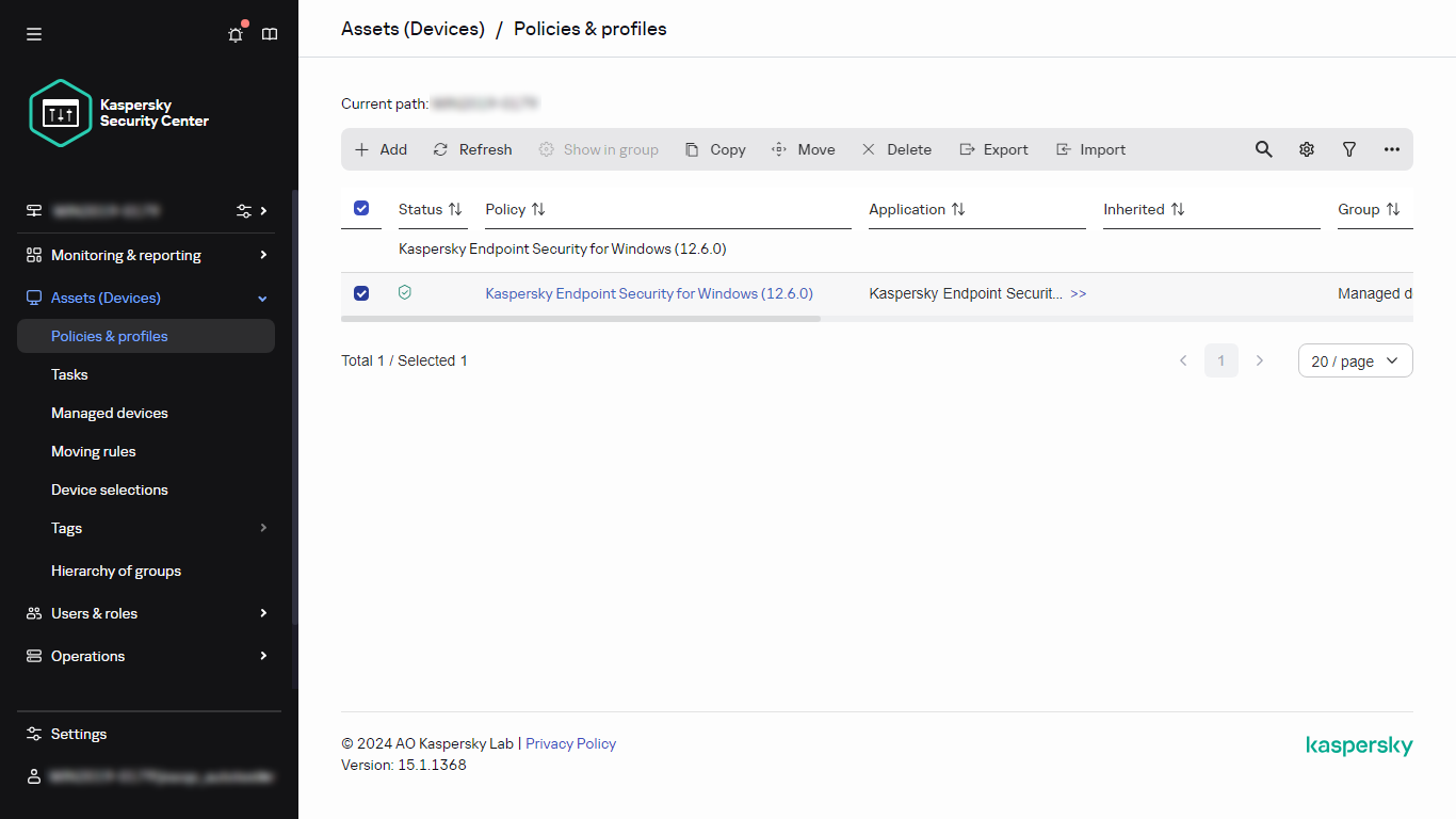 Im Abschnitt "Richtlinien und Profile" ist eine Richtlinie ausgewählt.