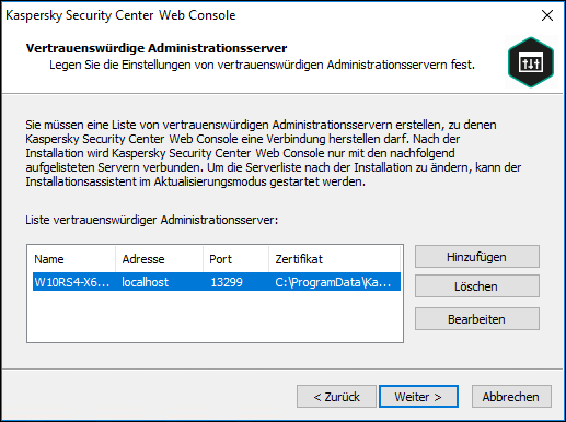 Die Seite "Vertrauenswürdige Administrationsserver".