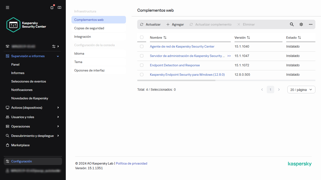 Lista de complementos web en el menú principal.