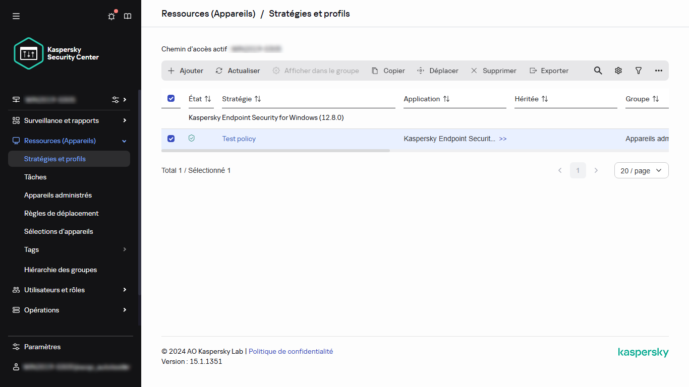 Une stratégie est sélectionnée dans Stratégies & profils.