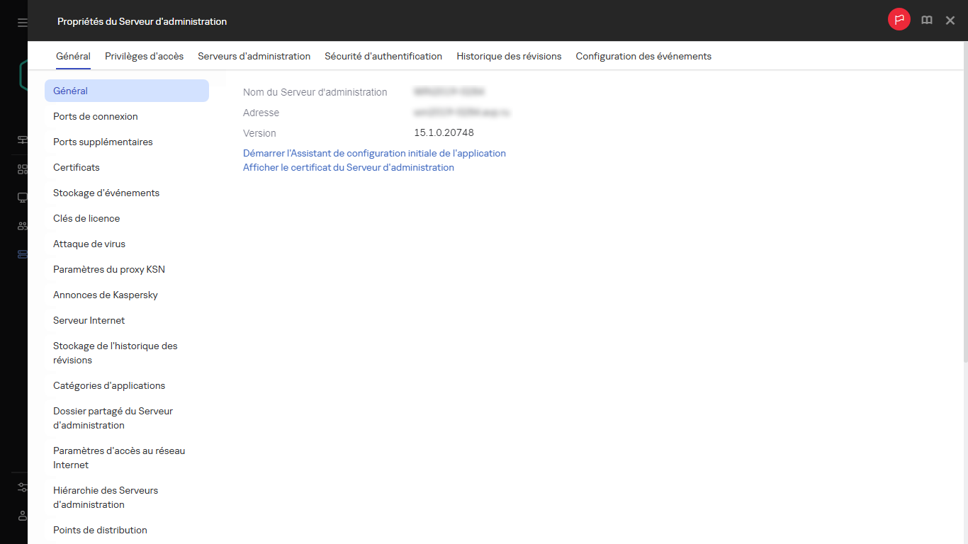 Une capture d'écran de la fenêtre du Serveur d'administration qui affiche un lien pour lancer l'Assistant de configuration initiale de l'application.