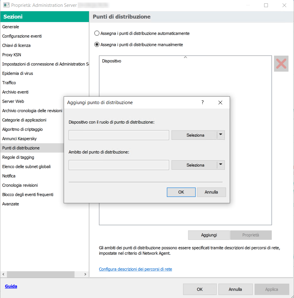 La finestra delle proprietà del Server con la sezione Punti di distribuzione selezionata e la finestra per l'aggiunta di punti di distribuzione.