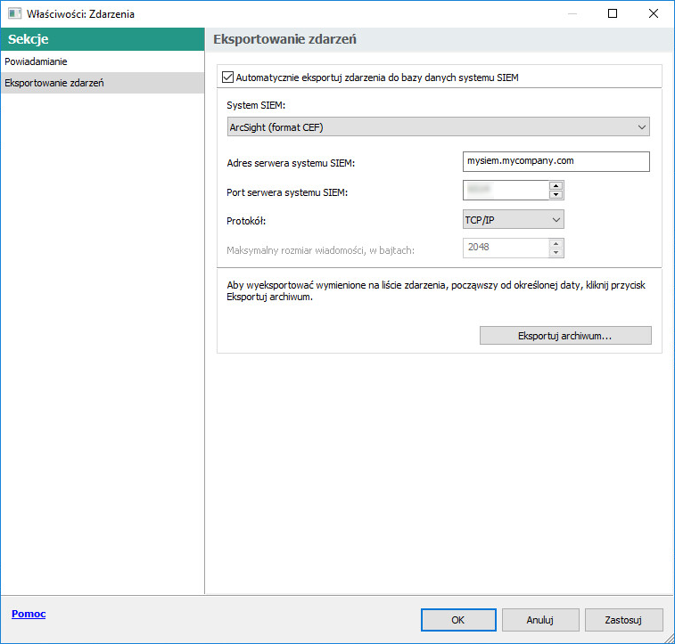 W sekcji Eksportowanie zdarzeń określono ustawienia eksportu.