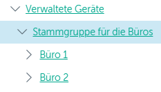 Ein Knoten mit verwalteten Geräten enthält den Ordner "Büro-Stammgruppe", welcher die Administrationsserver und die Gruppen "Büro 1" und "Büro 2" enthält.