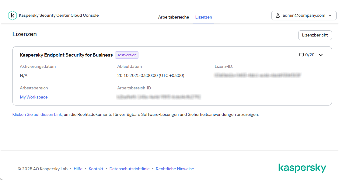 Registerkarte "Lizenzen" im Infrastruktur-Fenster von Kaspersky Security Center Cloud Console.