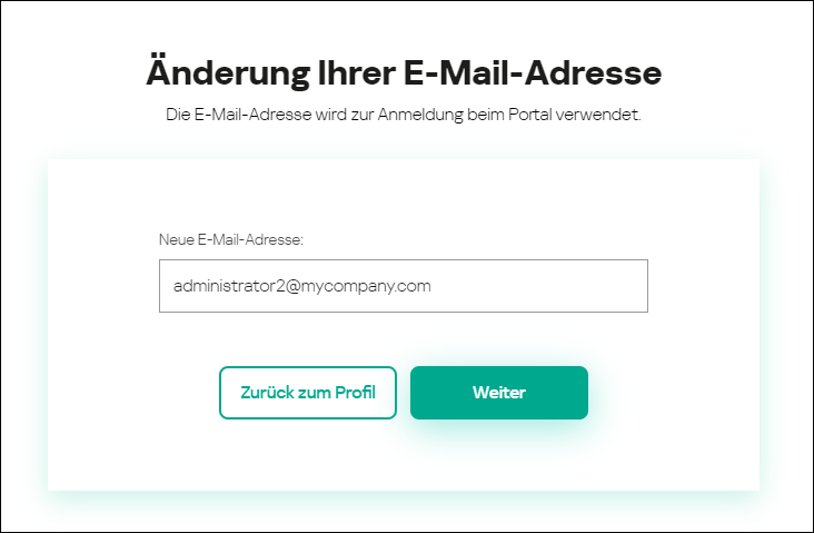 Fenster "Benutzerkonto-Einstellungen". Registerkarte "E-Mail-Adresse".