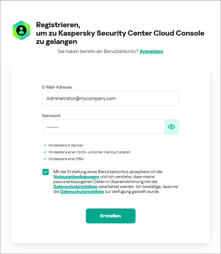 Registrieren Sie sich, die Kaspersky Security Center Cloud Console zu öffnen.