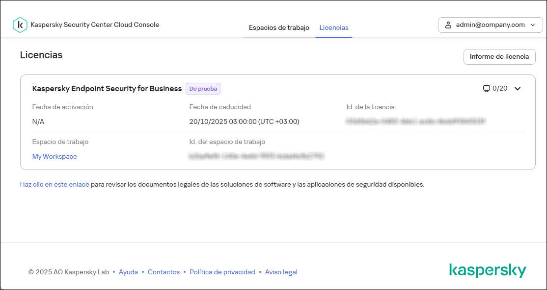 Pestaña Licencias de la ventana de infraestructura de Kaspersky Security Center Cloud Console.